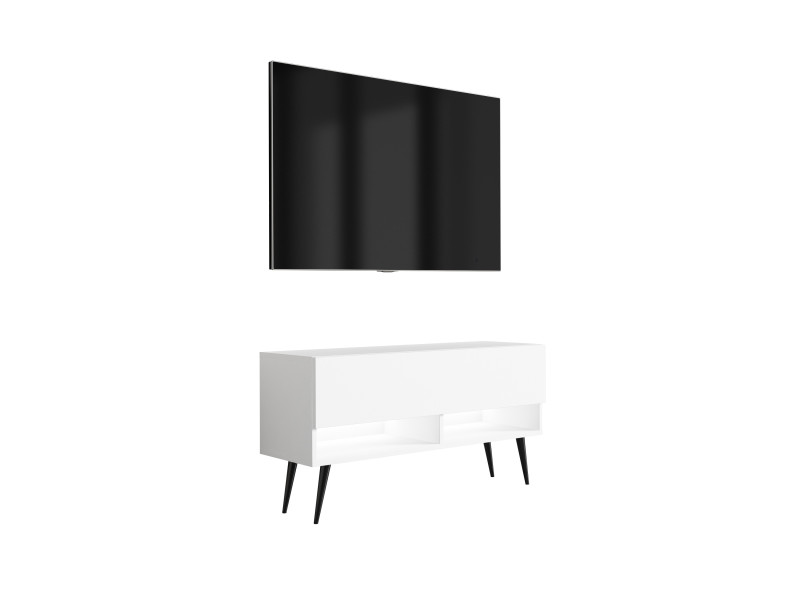 Szafka RTV Biały Mat, nogi pochyłe czarne, LED biały, 100 x 32 x 52 cm 749677