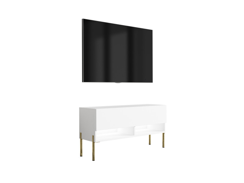 Szafka RTV Biały Mat, nogi proste złote, LED biały, 100 x 32 x 52 cm 749732