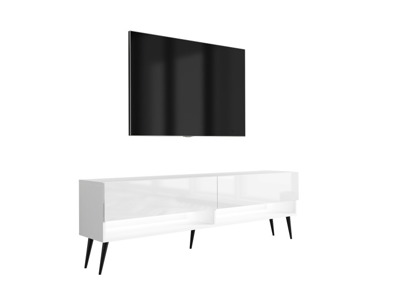 Szafka RTV Biały Mat / Połysk, nogi czarne, LED biały, 170 × 32 × 52 cm 749712