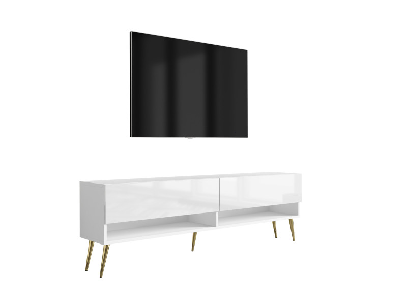 Szafka RTV Biały Mat / Połysk, nogi pochyłe złote, 170 × 32 × 52 cm 749695