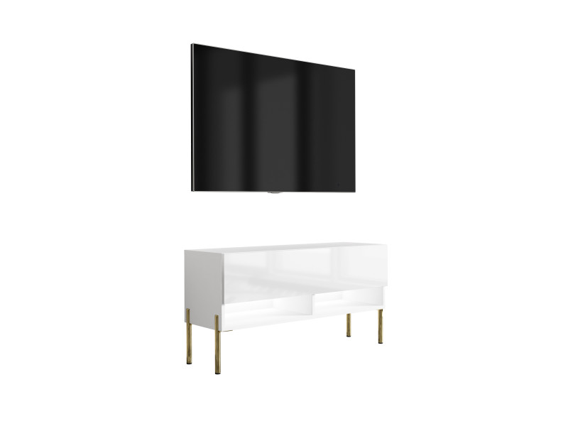Szafka RTV Biały Mat / Połysk, nogi złote, LED biały, 100 x 32 x 52 cm 749766