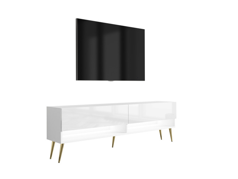 Szafka RTV Biały Mat / Połysk, nogi złote, LED biały, 170 × 32 × 52 cm 749643