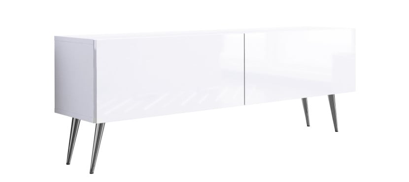 Szafka RTV : Biały Matowy / Biały Błyszczący, nogi chrom, 140 x 34 x 32 cm 352331
