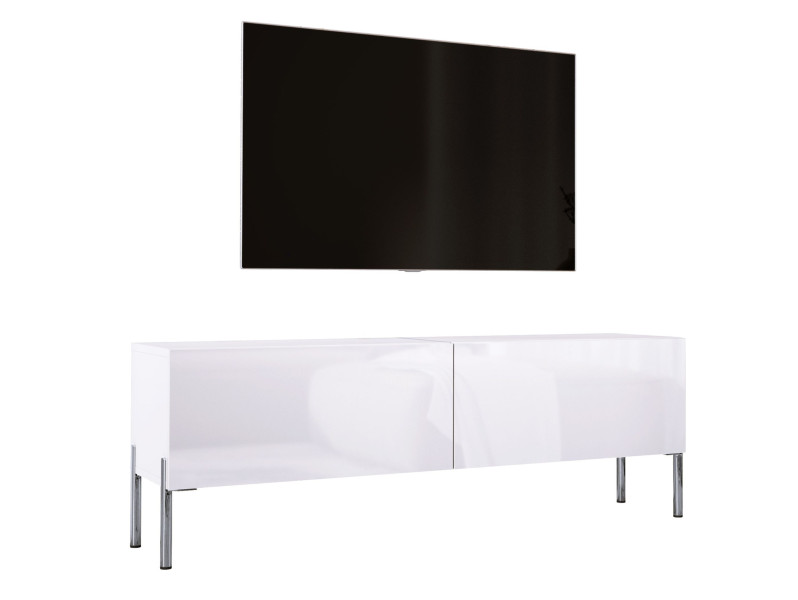 Szafka RTV : Biały Matowy / Biały Błyszczący, nogi chrom, 140 x 34 x 32 cm 220240