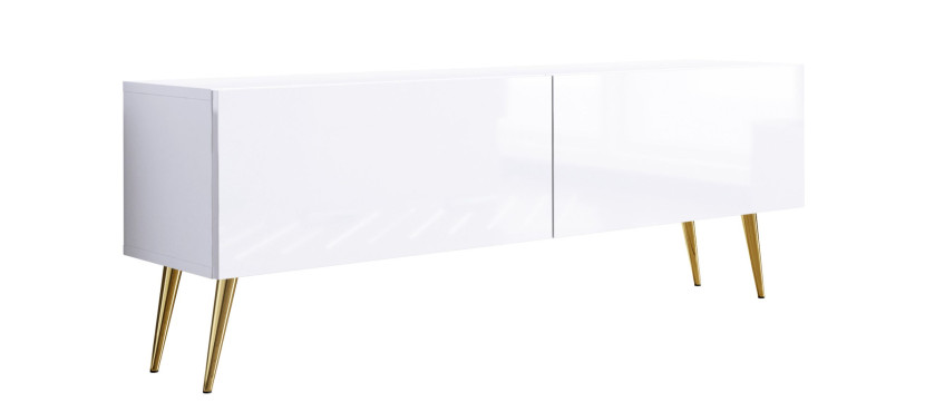 Szafka RTV : Biały Matowy / Biały Błyszczący, nogi złote, 140 x 34 x 32 cm 352293