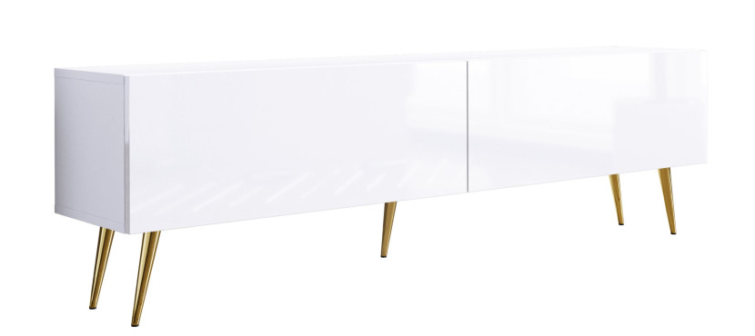 Szafka RTV : Biały Matowy / Biały Błyszczący, nogi złote, 170 x 34 x 32 cm 352340