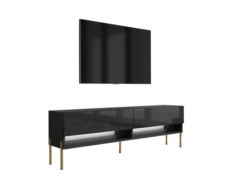 Szafka RTV Czarny Mat / Połysk, nogi złote, LED biały, 170 × 32 × 52 cm 749667
