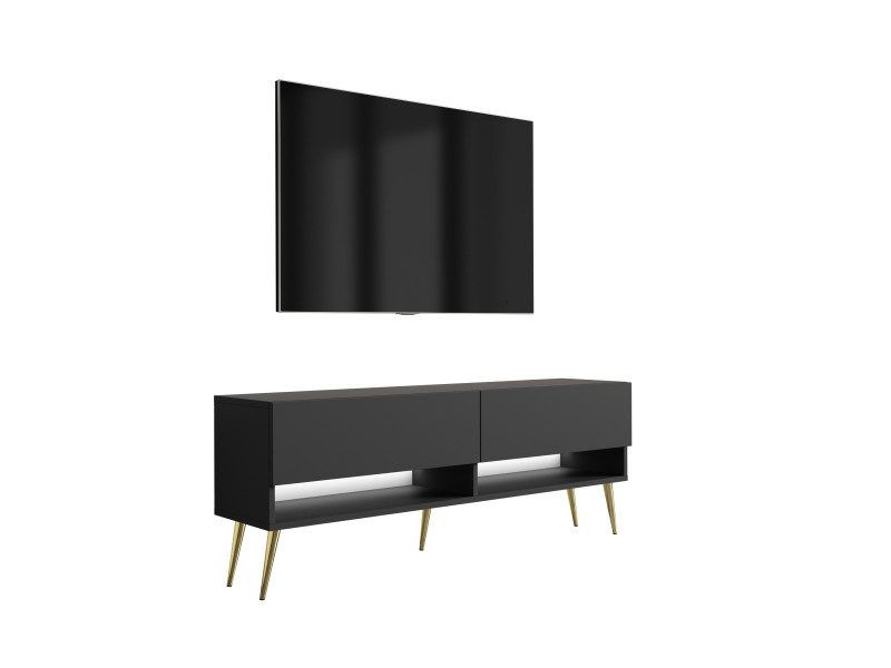 Szafka RTV Czarny nogi pochyłe złote, LED biały, 140 × 32 × 52 cm 749716