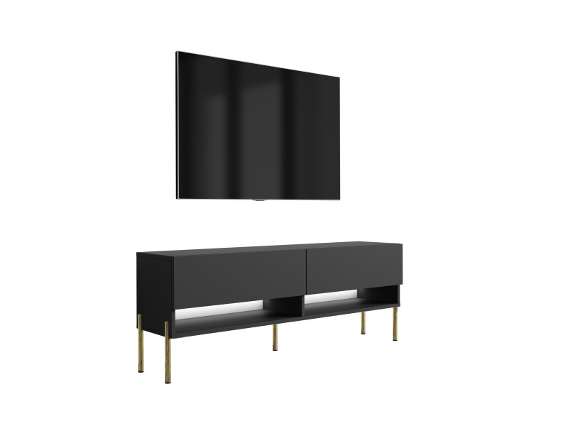 Szafka RTV Czarny nogi proste złote, LED biały, 140 × 32 × 52 cm 749692