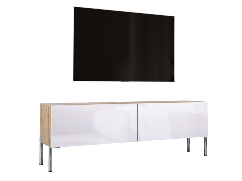 Szafka RTV : Dąb / Biały Błyszczący, nogi chrom, 140 x 34 x 32 cm 220243