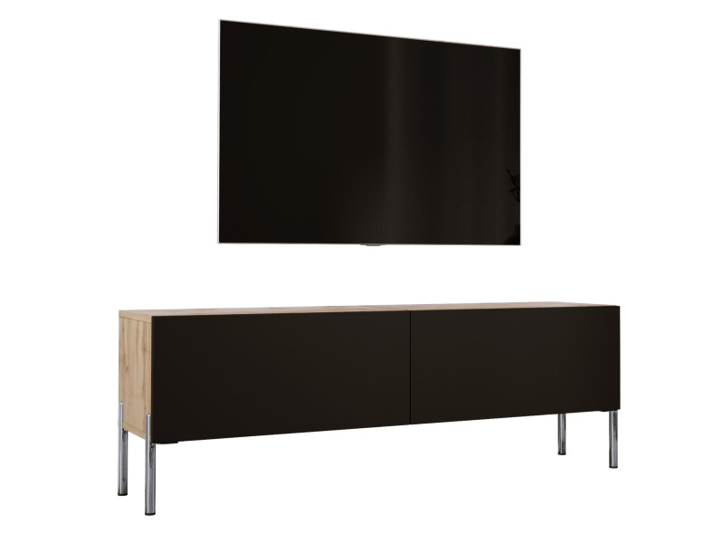 Szafka RTV : Dąb / Czarny Matowy, nogi chrom, 140 x 34 x 32 cm 220246