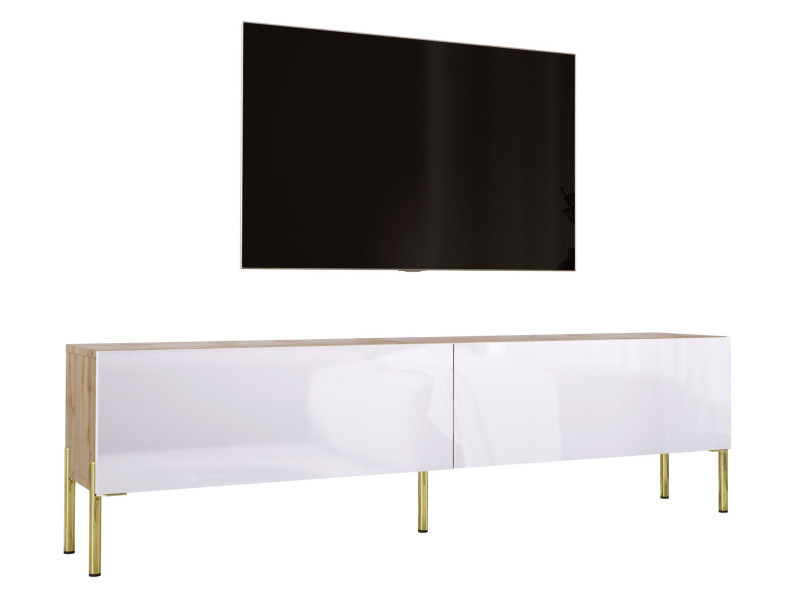 Szafka RTV : Dąb Wotan / Biały Błyszczący, złote nogi, 170 x 34 x 32 cm 219959