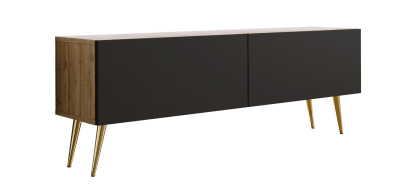 Szafka RTV : Dąb Wotan / Czarny Matowy, nogi złote, 140 x 34 x 32 cm 352313