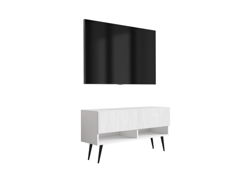 Szafka RTV: f. ryflowany, Biały Mat, nogi pochyłe czarne, 100 × 32 × 52 cm 964839
