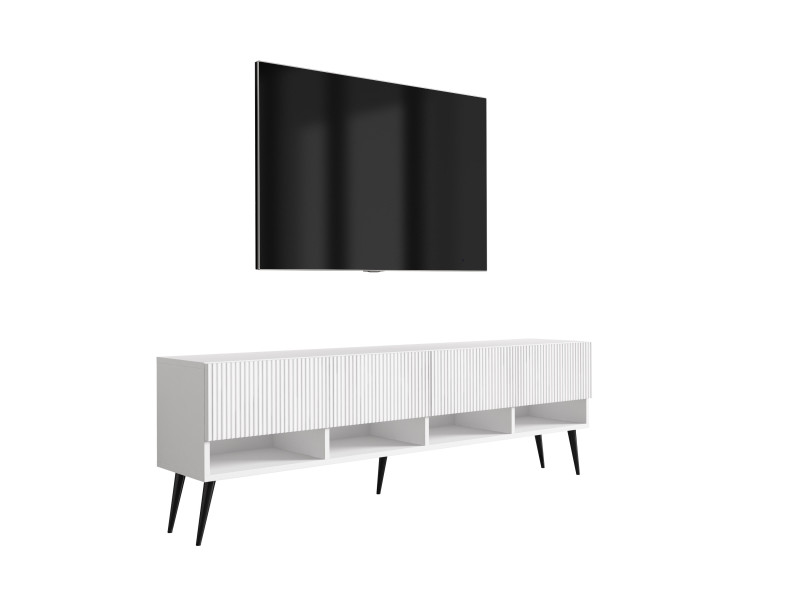 Szafka RTV: f. ryflowany, Biały Mat, nogi pochyłe czarne, 170 × 32 × 52 cm 964817