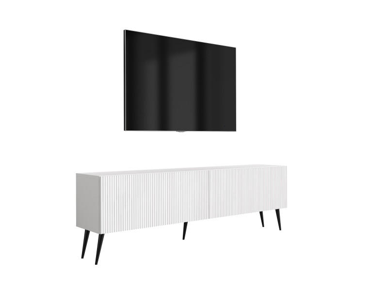 Szafka RTV: f. ryflowany, Biały Mat, nogi pochyłe czarne, 170 × 32 × 52 cm 964801