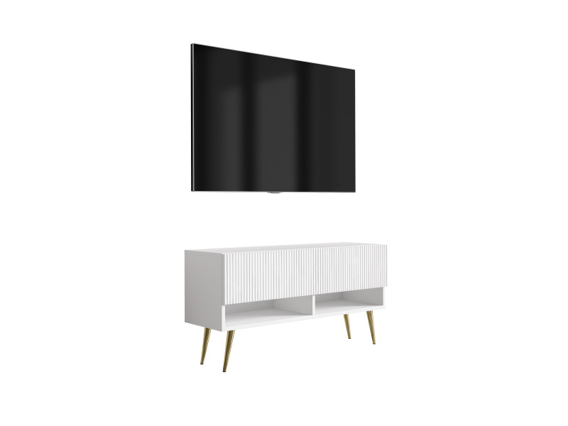Szafka RTV: f. ryflowany, Biały Mat, nogi pochyłe złote, 100 × 32 × 52 cm 964782