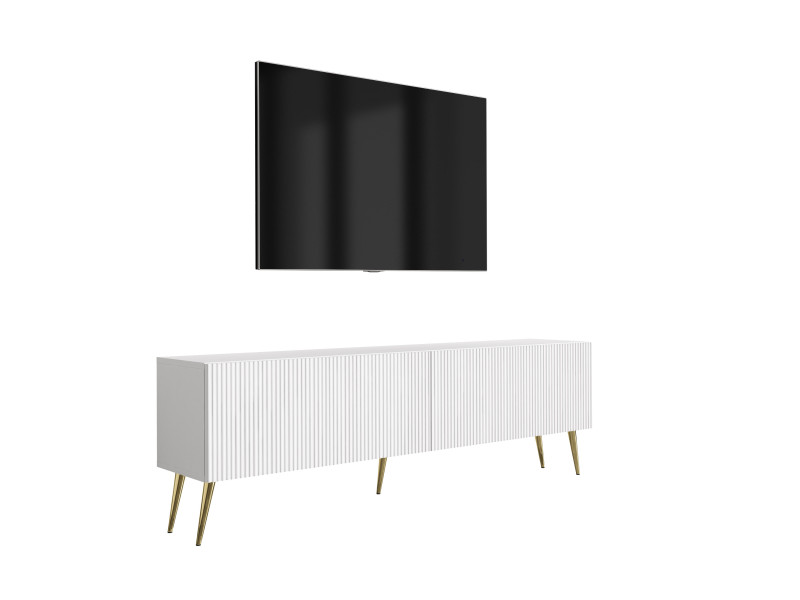 Szafka RTV: f. ryflowany, Biały Mat, nogi pochyłe złote, 170 × 32 × 52 cm 964856