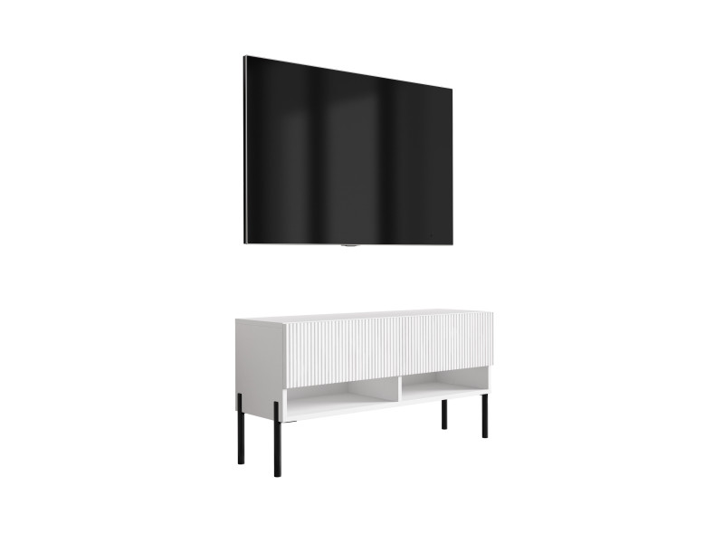 Szafka RTV: f. ryflowany, Biały Mat, nogi proste czarne, 100 × 32 × 52 cm 964810