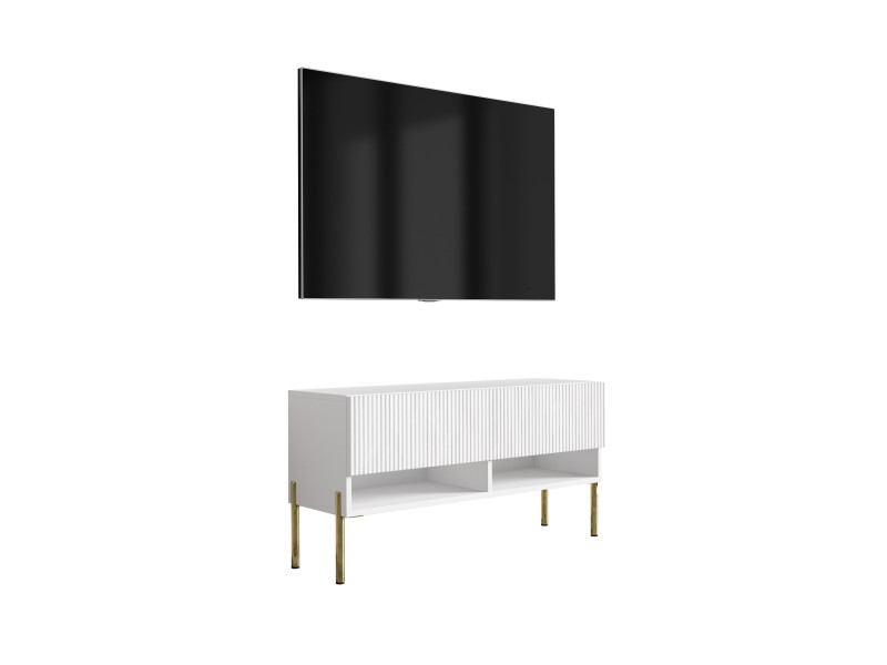 Szafka RTV: f. ryflowany, Biały Mat, nogi proste złote, 100 × 32 × 52 cm 964846
