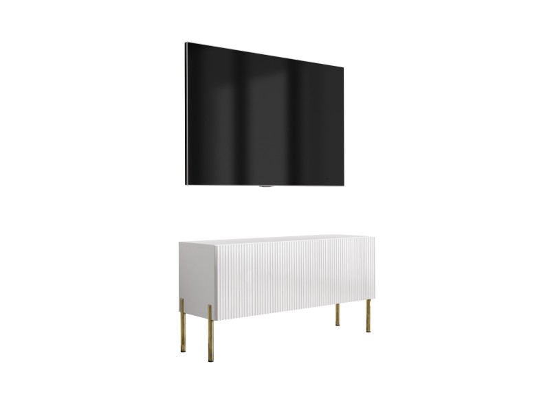 Szafka RTV: f. ryflowany, Biały Mat, nogi proste złote, 100 × 32 × 52 cm 964843