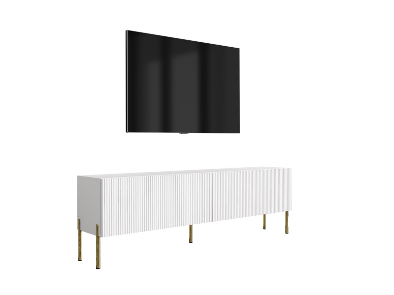 Szafka RTV: f. ryflowany, Biały Mat, nogi proste złote, 170 × 32 × 52 cm 964816