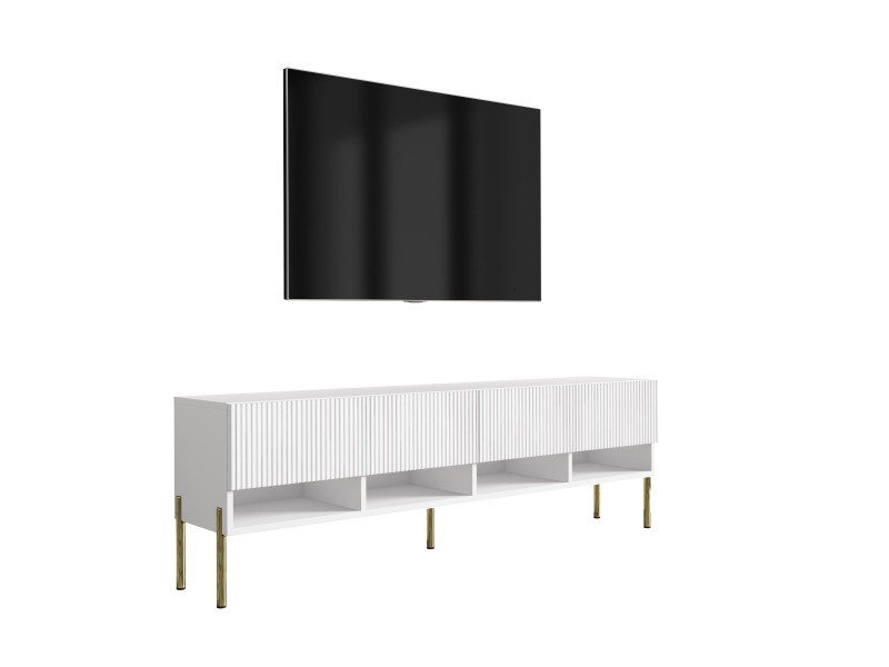 Szafka RTV: f. ryflowany, Biały Mat, nogi proste złote, 170 × 32 × 52 cm 964776