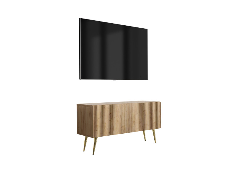 Szafka RTV: f. ryflowany, Dąb Craft, nogi pochyłe złote, 100 × 32 × 52 cm 964790