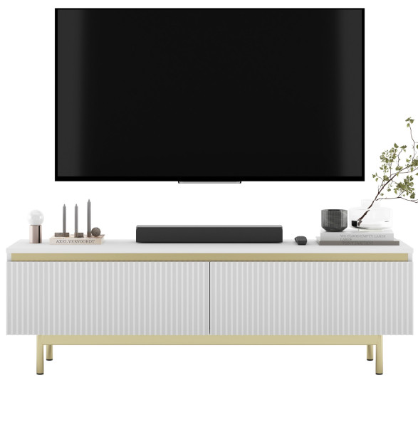Szafka RTV Glamour Biały mat Komoda RTV złota rama ryflowane fronty 140 cm 770473