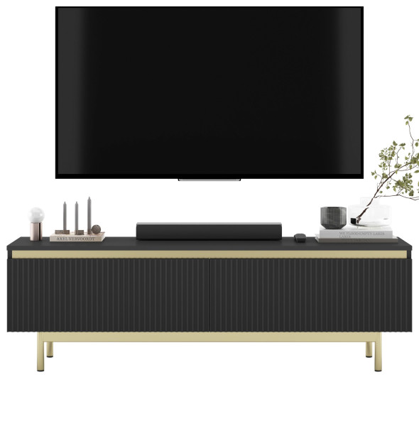 Szafka RTV Glamour Czarny mat Komoda RTV złota rama ryflowane fronty 140cm 770467