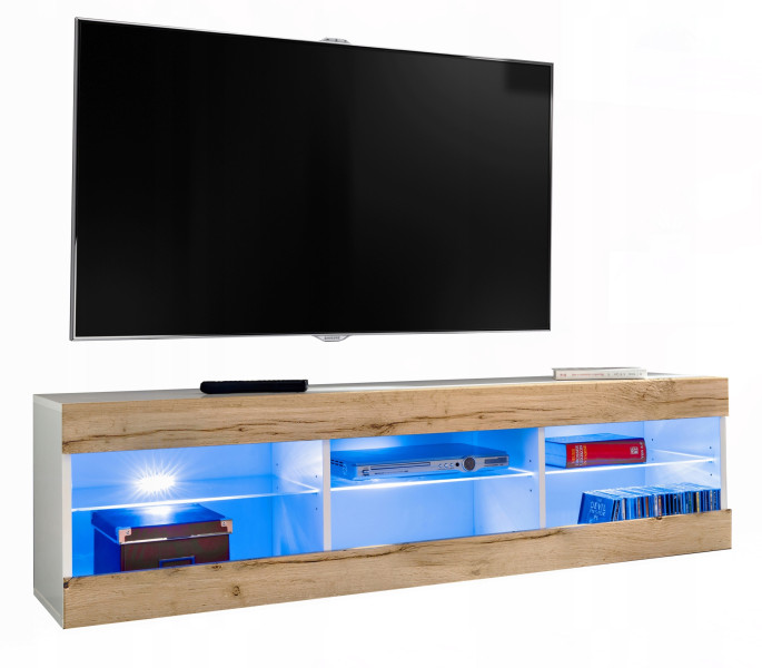 Szafka RTV LED Salon Nowoczesna Biały/Dąb Wotan LED 140x35 Pokój 340885