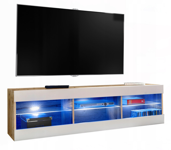 Szafka RTV LED Salon Nowoczesna Dąb Wotan/Biały LED 140x35 Pokój 340890