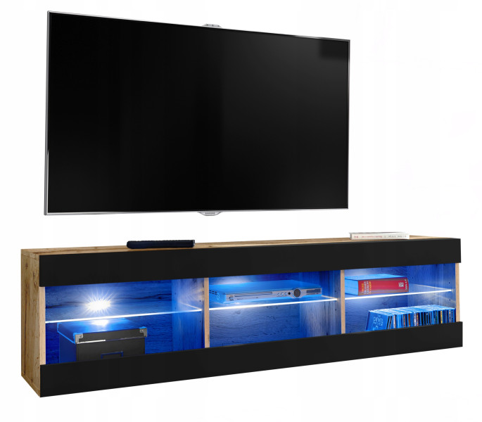 Szafka RTV LED Salon Nowoczesna Dąb Wotan/Czarny Bez LED 140x35 Pokój 340886