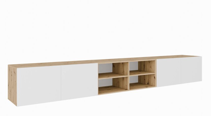 Szafka RTV LION 300 cm otwarta z półkami, do salonu -artisan+biały 755661