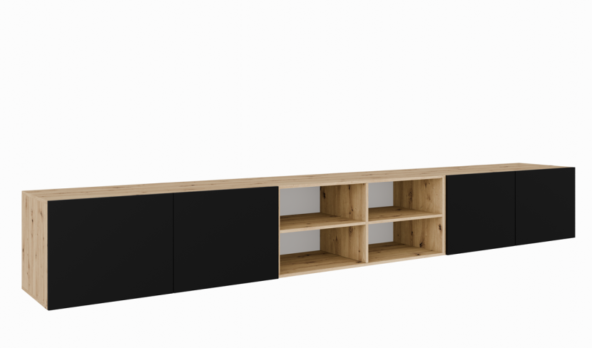 Szafka RTV LION 300 cm otwarta z półkami, do salonu -artisan+czarny 755669