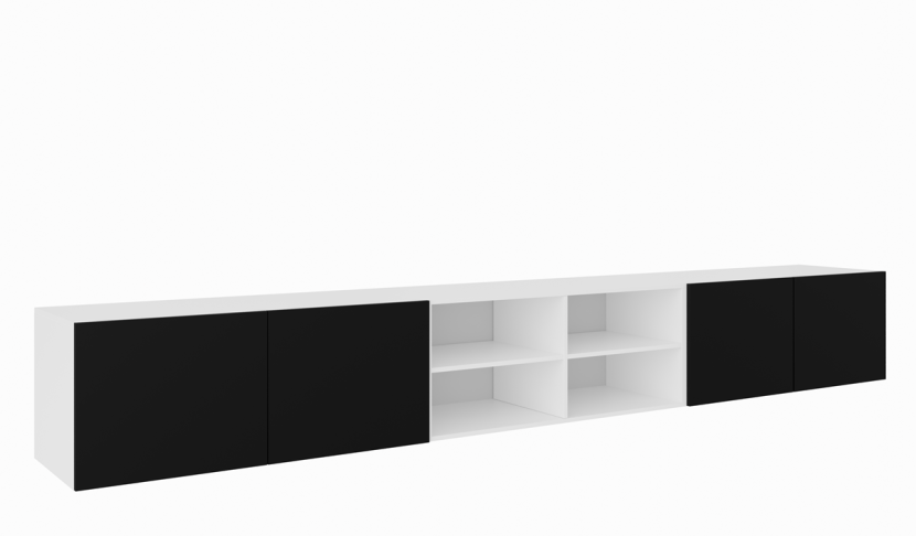 Szafka RTV LION 300 cm otwarta z półkami, do salonu -biały+czarny 755671