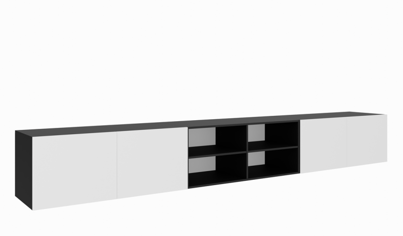 Szafka RTV LION 300 cm otwarta z półkami, do salonu -czarny + biały 755656