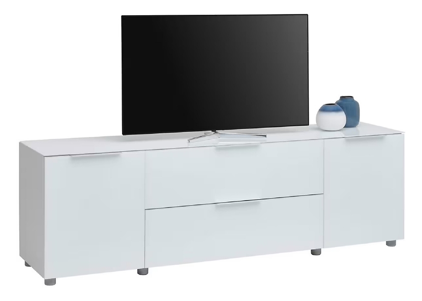 Szafka RTV Malin 180 cm z 2 drzwiami i szufladami szklanym blatem biały połysk 719250
