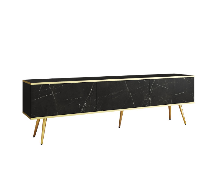 Szafka RTV ORINO 175 cm czarna/czarny marmur/złote detale/złote nóżki 649716