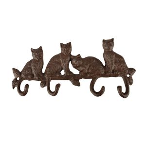 Wieszak żeliwny brązowy 29 cm 4 haczyki koty ścienny 948773 Wieszak żeliwny brązowy 29 cm 4 haczyki koty ścienny 948773