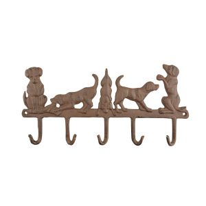 Wieszak żeliwny brązowy 36 cm 5 haczyków z psami ścienny 948777 Wieszak żeliwny brązowy 36 cm 5 haczyków z psami ścienny 948777