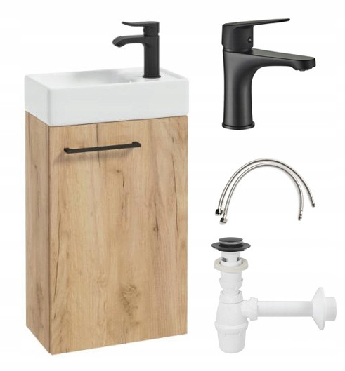 Wisząca szafka łazienkowa z umywalką 40cm, dąb craft z czarną baterią 763030