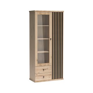 Witryna CAMPA 86 cm dąb artisan czarne lamele szkło 2 szuflady półki 134807 Witryna CAMPA 86 cm dąb artisan czarne lamele szkło 2 szuflady półki 134807