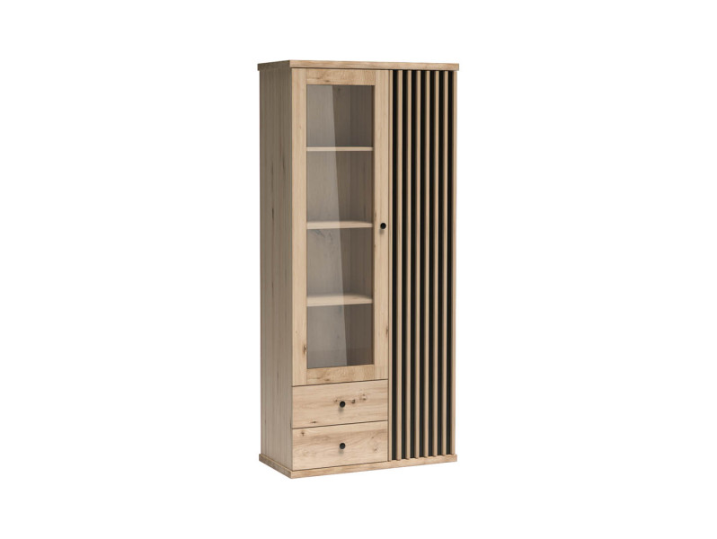 Witryna CAMPA 86 cm dąb artisan czarne lamele szkło 2 szuflady półki 134807