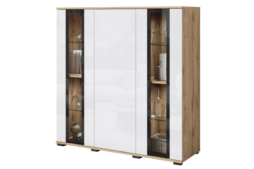 Witryna FARO 120 cm dąb wotan/biały połysk z oświetleniem LED 757239