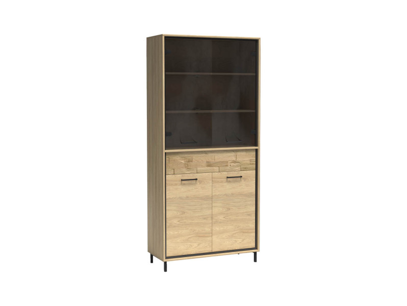 Witryna MILAN 92 cm Natural Hikora / Czarny Metal Nogi Panel Drewniany 136096