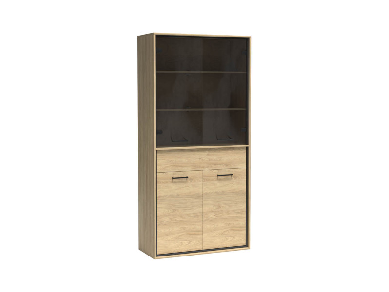 Witryna MILAN 92 cm Natural Hikora / Czarny Szuflady Drzwi Industrialna 136093