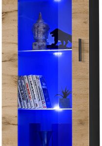 Witryna Szklana Regał Salon Czarny/Dąb Wotan z Półkami LED 192×60 340725 Witryna Szklana Regał Salon Czarny/Dąb Wotan z Półkami LED 192×60 340725