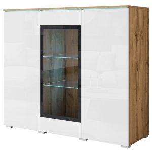 Witryna VEVE 120 cm , w kolorze dąb wotan/biały połysk z LED 1038881 Witryna VEVE 120 cm , w kolorze dąb wotan/biały połysk z LED 1038881
