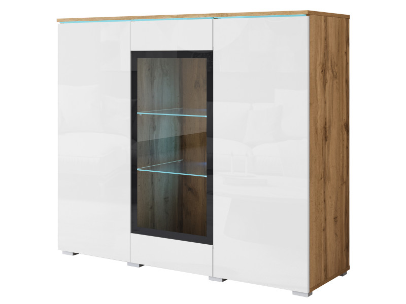 Witryna VEVE 120 cm , w kolorze dąb wotan/biały połysk z LED 1038881